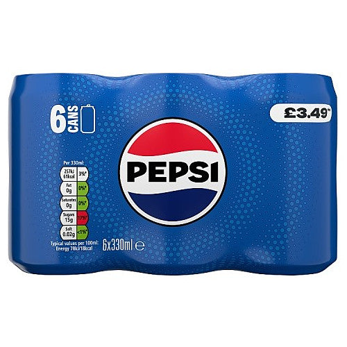 Pepsi Cola Carbonated Soft Drink 6 x 330ml Cans PMP £3.49