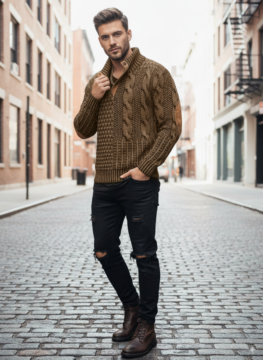 Avarati Men’s Cable Knit Sweater with Elbow Patches