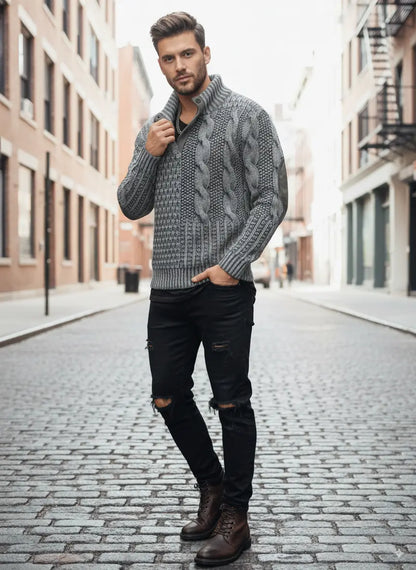 Avarati Men’s Cable Knit Sweater – Classic Knit Pullover with Elbow Patches - AVARATI