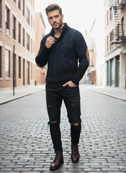 Avarati Men’s Cable Knit Sweater – Classic Knit Pullover with Elbow Patches - AVARATI