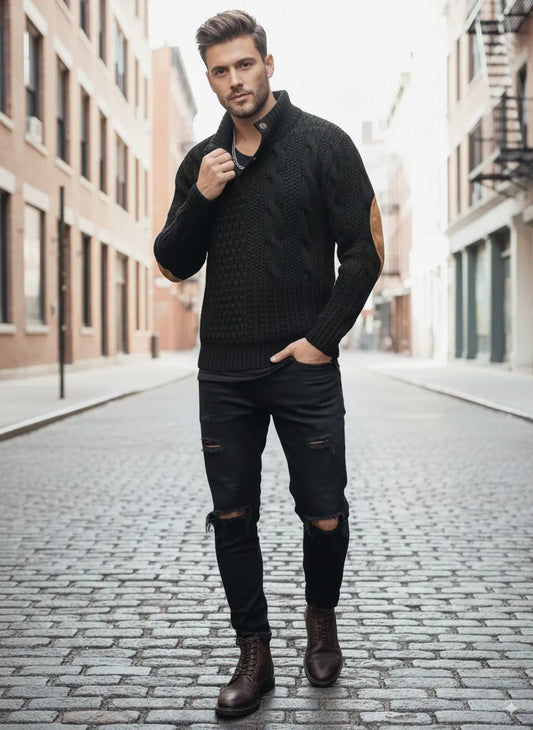 Avarati Men’s Cable Knit Sweater – Classic Knit Pullover with Elbow Patches - AVARATI