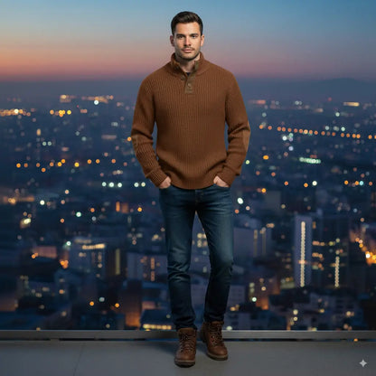 Avarati Men’s Rustic Patches Sweater – Ribbed Knit Pullover with Elbow Patches & Button Collar - AVARATI