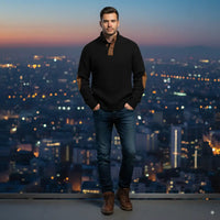 Avarati Men’s Rustic Patches Sweater – Ribbed Knit Pullover with Elbow Patches & Button Collar - AVARATI