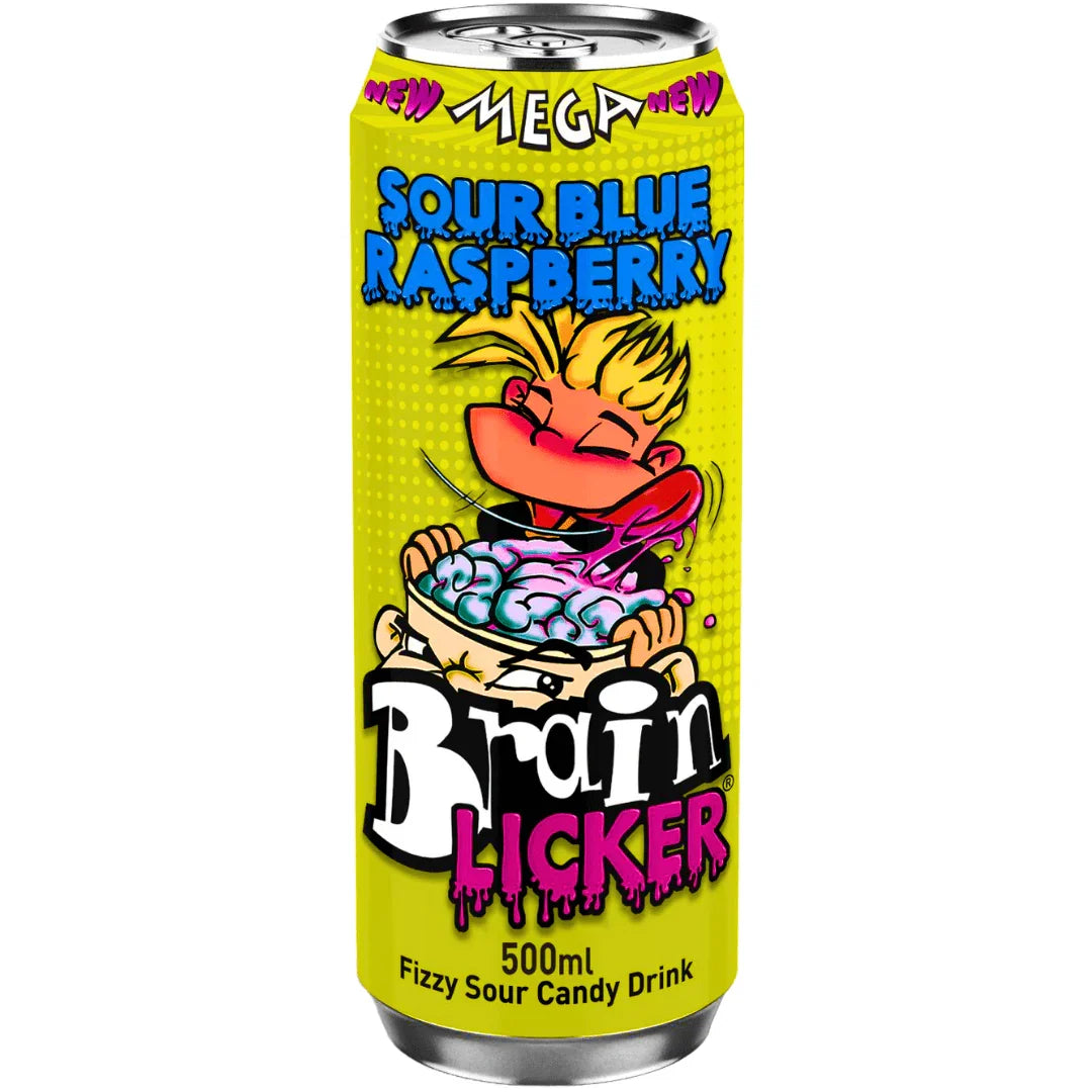 Brain Licker Sour Fizzy Candy Drink Blue Raspberry 500ml Can (Case of 12)